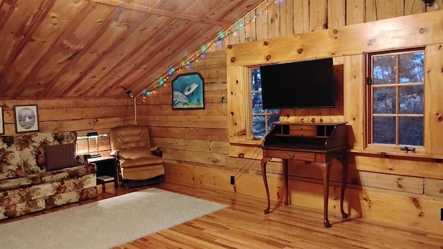 N4774 11th Dr, Montello, WI 53949 - sitting room featuring lofted ceiling, wooden ceiling, wood finished floors, and wood walls