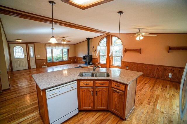 N7957 15th Ave, New Lisbon, WI 53950 - kitchen with dishwasher, a ceiling fan, a sink, and wainscoting