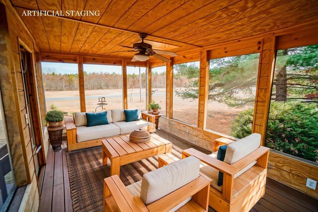 N7957 15th Ave, New Lisbon, WI 53950 - sunroom featuring wood ceiling, ceiling fan, and a healthy amount of sunlight