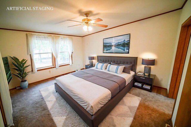 N7957 15th Ave, New Lisbon, WI 53950 - carpeted bedroom with ceiling fan, baseboards, and ornamental molding