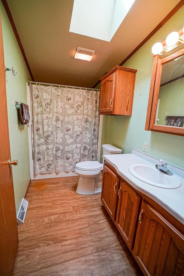 N7957 15th Ave, New Lisbon, WI 53950 - full bathroom with vanity, wood finished floors, visible vents, a skylight, and toilet