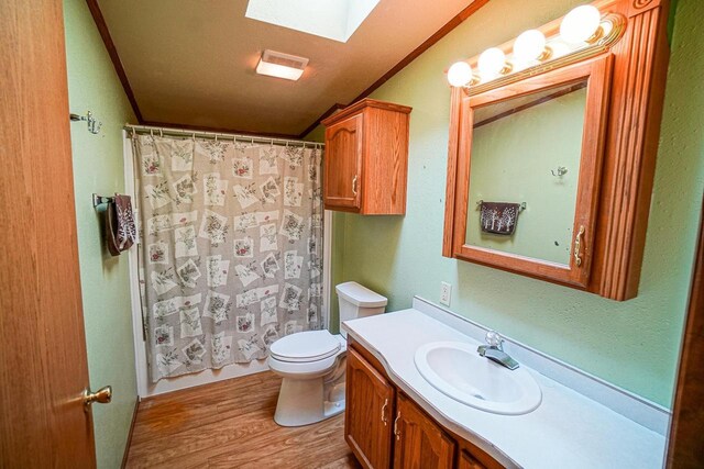 N7957 15th Ave, New Lisbon, WI 53950 - bathroom featuring toilet, wood finished floors, a skylight, crown molding, and vanity