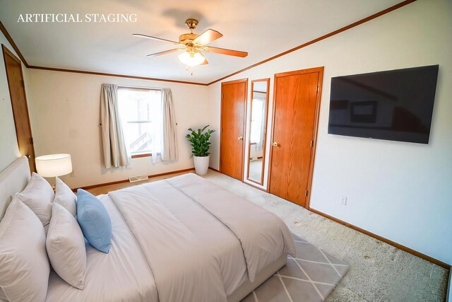 N7957 15th Ave, New Lisbon, WI 53950 - bedroom with visible vents, crown molding, baseboards, light carpet, and a ceiling fan
