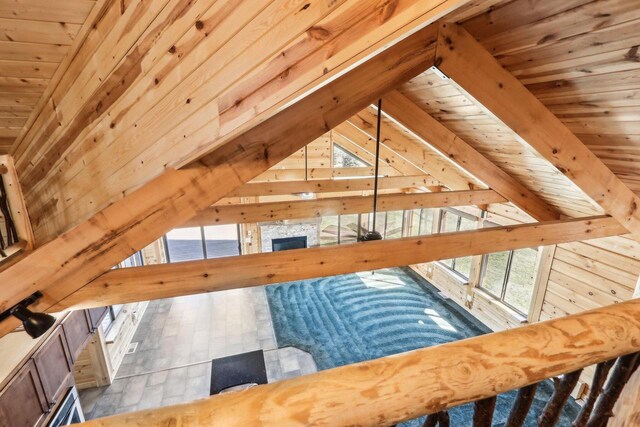 10728 Spring St, Mount Pleasant, WI 53177 - bonus room featuring wooden ceiling, lofted ceiling with beams, and wooden walls