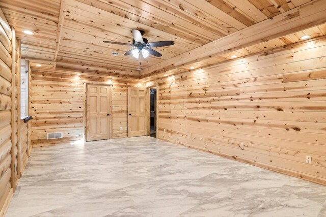 10728 Spring St, Mount Pleasant, WI 53177 - unfurnished room featuring ceiling fan, visible vents, wooden walls, and wooden ceiling