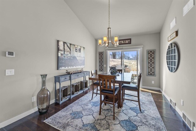 301 Church St, Barneveld, WI 53507 - dining room with visible vents, dark wood-type flooring, a notable chandelier, and baseboards