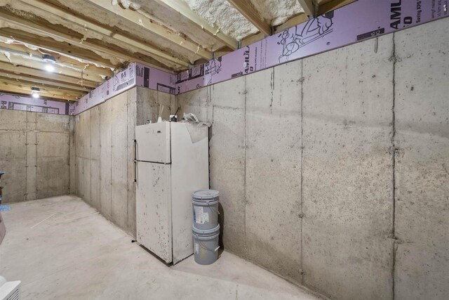 301 Church St, Barneveld, WI 53507 - unfinished basement featuring freestanding refrigerator