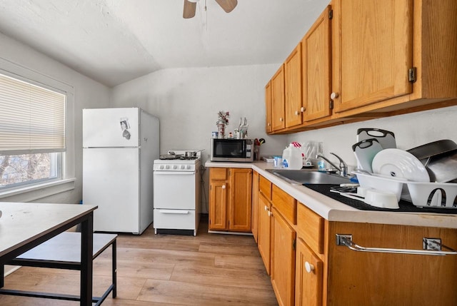 kitchen with white appliances, a sink, light countertops, light wood-style floors, and brown cabinets