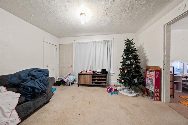 interior space with carpet flooring and a textured ceiling