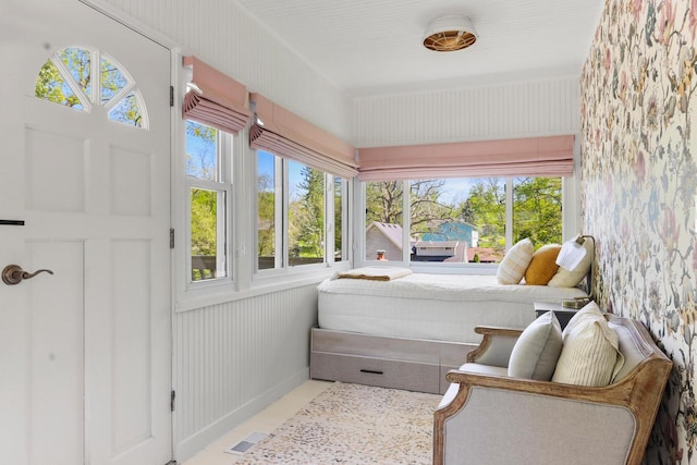 44 Oakwood St, Williams Bay, WI 53191 - bedroom with multiple windows, tile patterned flooring, and wallpapered walls