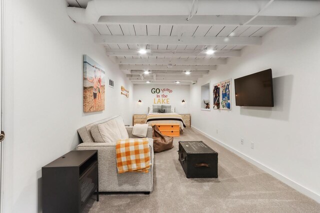 44 Oakwood St, Williams Bay, WI 53191 - carpeted living area with beam ceiling, wooden ceiling, and baseboards