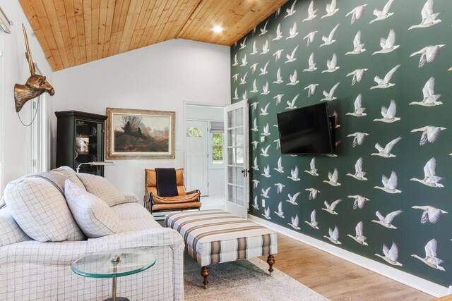 44 Oakwood St, Williams Bay, WI 53191 - living room with wood ceiling, wood finished floors, and lofted ceiling