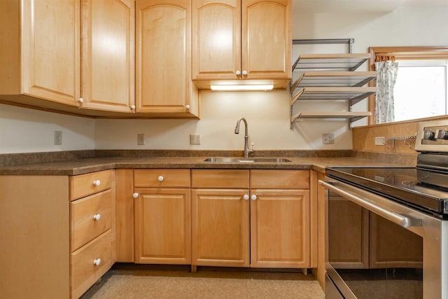1735 W 19th Ave, Arkdale, WI 54613 - kitchen featuring light brown cabinets, stainless steel electric range, and a sink
