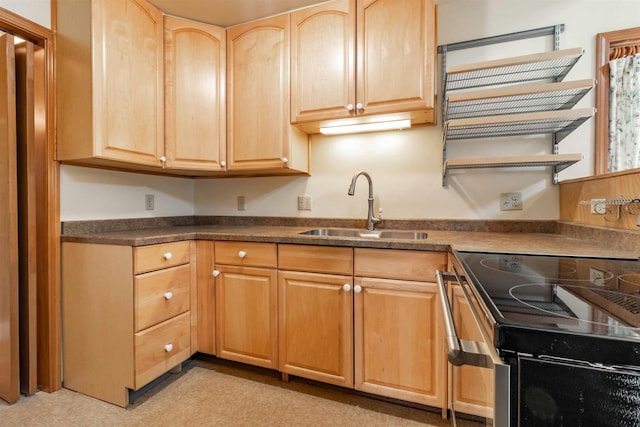 1735 W 19th Ave, Arkdale, WI 54613 - kitchen featuring electric range, light brown cabinets, a sink, open shelves, and dark countertops