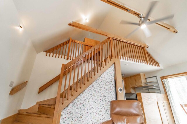 1735 W 19th Ave, Arkdale, WI 54613 - staircase featuring high vaulted ceiling and a ceiling fan