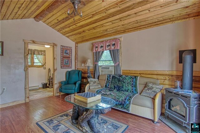9293 N County Hwy E, Hayward, WI 54843 - living area featuring cooling unit, wood finished floors, lofted ceiling with beams, a wood stove, and wooden ceiling