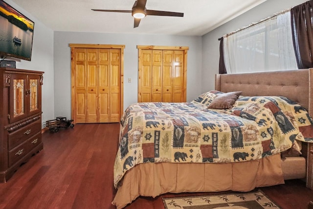 1055 Shishebogama Dr, Minocqua, WI 54548 - bedroom featuring wood finished floors, multiple closets, and a ceiling fan