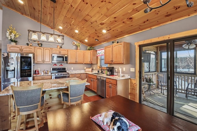 1055 Shishebogama Dr, Minocqua, WI 54548 - kitchen featuring stainless steel appliances, wooden ceiling, lofted ceiling, a kitchen island, and a sink