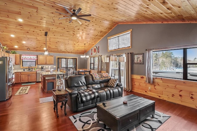 1055 Shishebogama Dr, Minocqua, WI 54548 - living area with wooden ceiling, ceiling fan, vaulted ceiling, hardwood / wood-style floors, and a chandelier