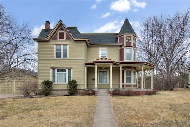 435 Jefferson St, Eau Claire, WI 54701 - victorian home featuring covered porch, a chimney, a front lawn, an outbuilding, and roof with shingles