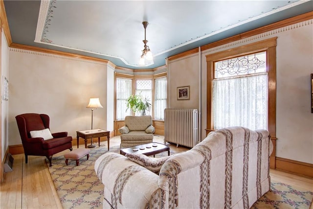 435 Jefferson St, Eau Claire, WI 54701 - living area featuring radiator heating unit, wood-type flooring, ornamental molding, and baseboards