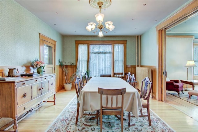 435 Jefferson St, Eau Claire, WI 54701 - dining room featuring wallpapered walls, light wood finished floors, wainscoting, and a chandelier