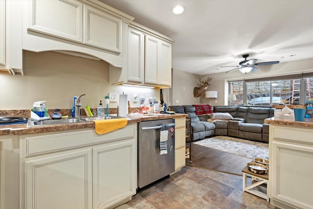 4229 W Howard Ave, Milwaukee, WI 53221 - kitchen featuring cream cabinetry, a sink, open floor plan, dishwasher, and ceiling fan