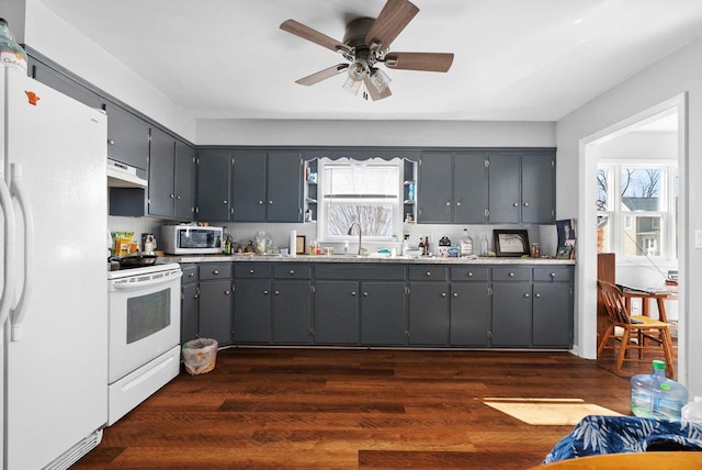 1-3 Mechanic St, Edgerton, WI 53534 - kitchen with white appliances, gray cabinets, under cabinet range hood, a sink, and dark wood-style floors