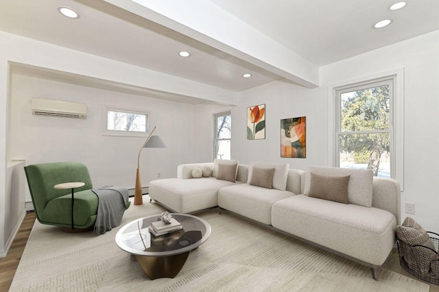 living room with recessed lighting, beamed ceiling, wood finished floors, and a wall mounted AC