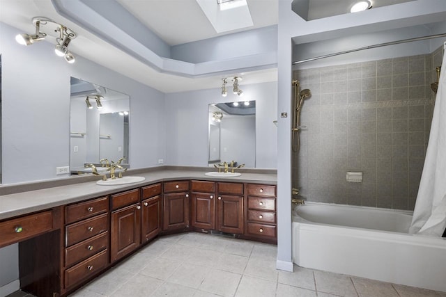 2155 Cottonwood Dr, Menasha, WI 54952 - full bath with a sink, a skylight, shower / bath combination with curtain, double vanity, and tile patterned flooring