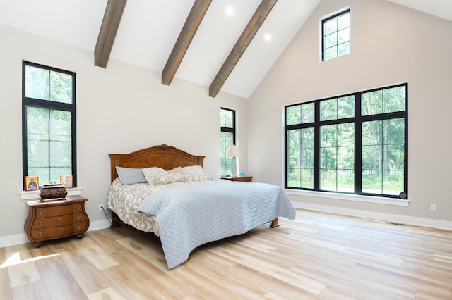 4779 Pine Meadows Ln, Hartland, WI 53029 - bedroom with visible vents, baseboards, light wood-type flooring, beam ceiling, and high vaulted ceiling