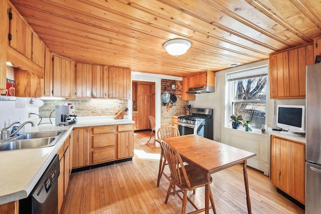 6112 County Road A, Brooklyn, WI 53521 - kitchen with light wood-style flooring, under cabinet range hood, wooden ceiling, light countertops, and stainless steel appliances