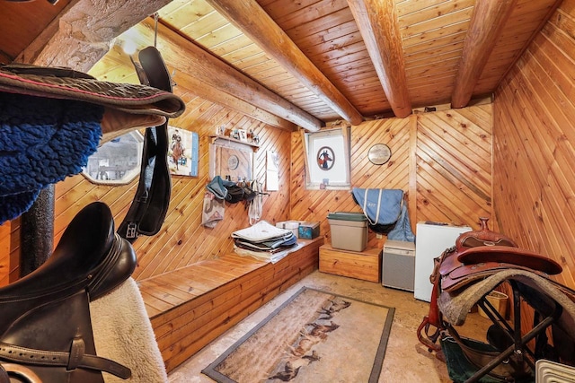 6112 County Road A, Brooklyn, WI 53521 - misc room featuring wooden ceiling, wooden walls, and beamed ceiling