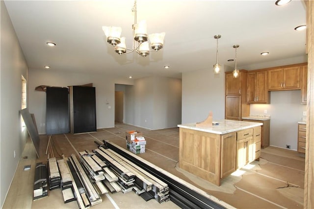 4607 933rd St, Elk Mound, WI 54739 - kitchen featuring a chandelier, decorative light fixtures, brown cabinetry, recessed lighting, and light stone counters
