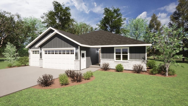 2023 Red Fox Ln, Kaukauna, WI 54130 - view of front of property with board and batten siding, an attached garage, driveway, a front lawn, and stone siding