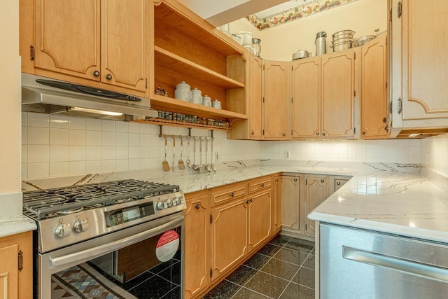 1222 11th St, Monroe, WI 53566 - kitchen featuring gas stove, under cabinet range hood, granite floors, and light countertops