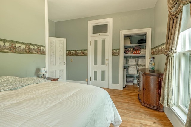 1222 11th St, Monroe, WI 53566 - bedroom featuring multiple windows, light wood-style floors, a closet, and a walk in closet