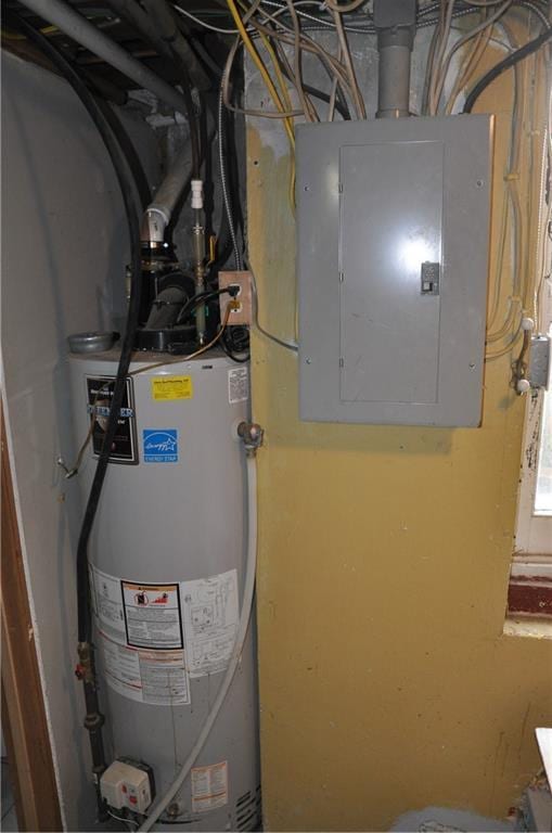 13600 8th St, Osseo, WI 54758 - utility room featuring electric panel and gas water heater