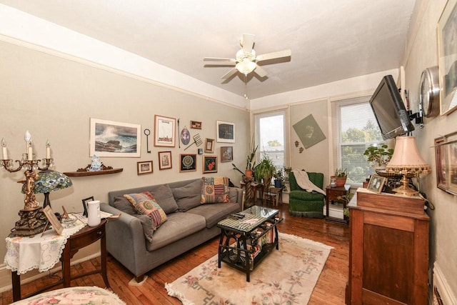 living room featuring a ceiling fan and wood finished floors