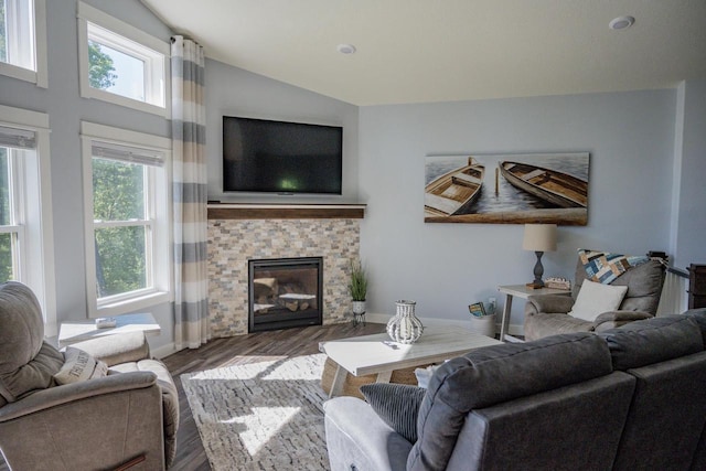 N9310 22nd Ave, Necedah, WI 54646 - living room with a fireplace, baseboards, lofted ceiling, and wood finished floors