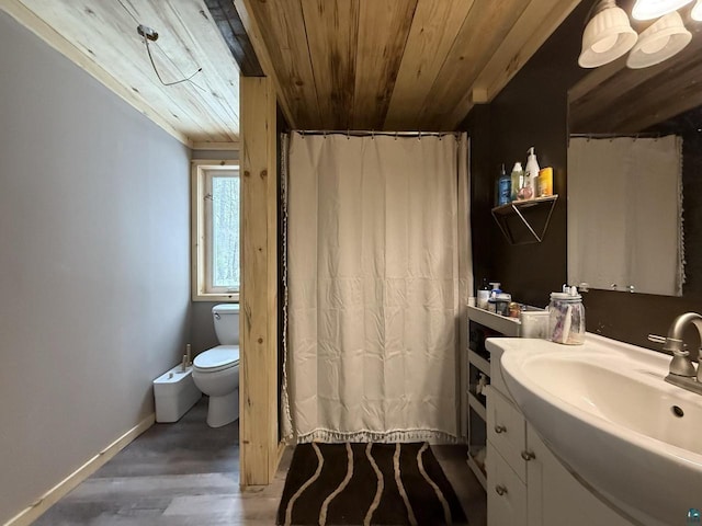 6955 Kolling Rd, Iron River, WI 54847 - full bathroom with toilet, wood ceiling, vanity, wood finished floors, and baseboards