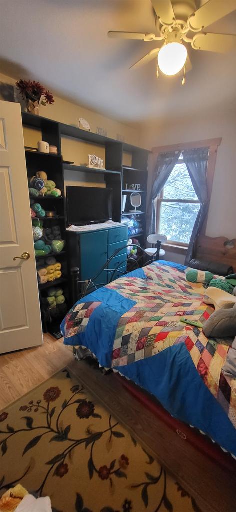 1116 Washington Ave, Stevens Point, WI 54481 - bedroom featuring a ceiling fan and light wood-type flooring