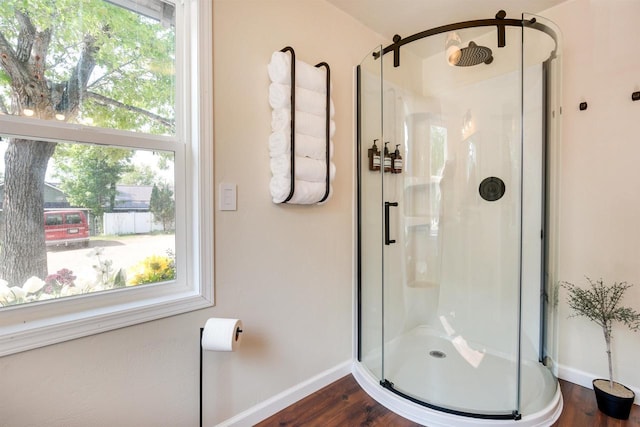 bathroom with baseboards, wood finished floors, and a shower stall