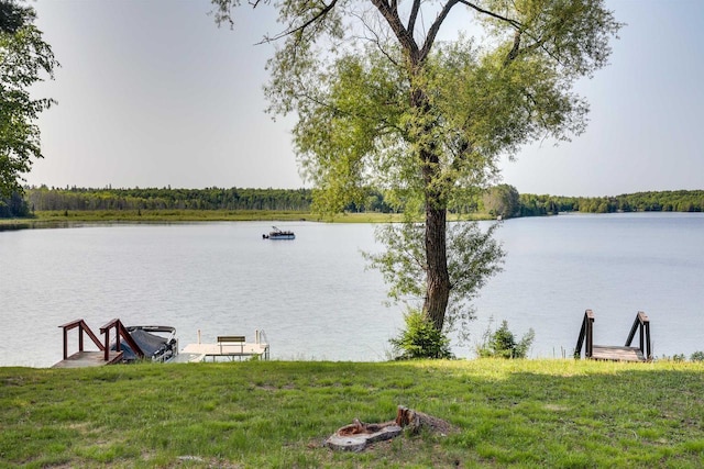 property view of water with a view of trees and a boat dock