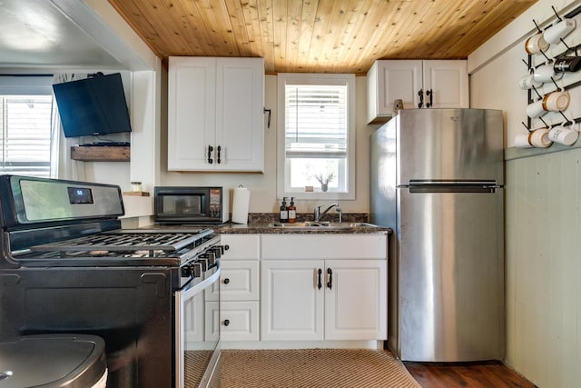 kitchen featuring white cabinetry, wooden ceiling, a sink, and stainless steel appliances