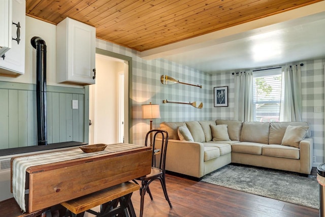living room featuring dark wood-style flooring, wallpapered walls, and wooden ceiling