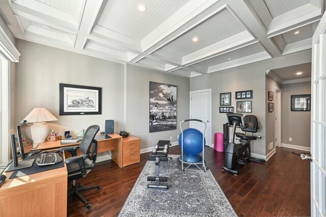 N8512 Booth Lake Heights Rd, East Troy, WI 53120 - office with coffered ceiling, baseboards, beamed ceiling, and dark wood-type flooring