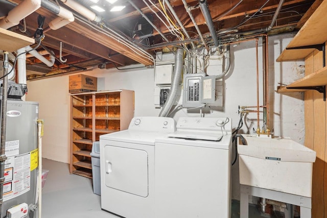 1301 Wyldhaven Ave, Monona, WI 53716 - laundry area featuring electric panel, gas water heater, laundry area, washer and dryer, and a sink