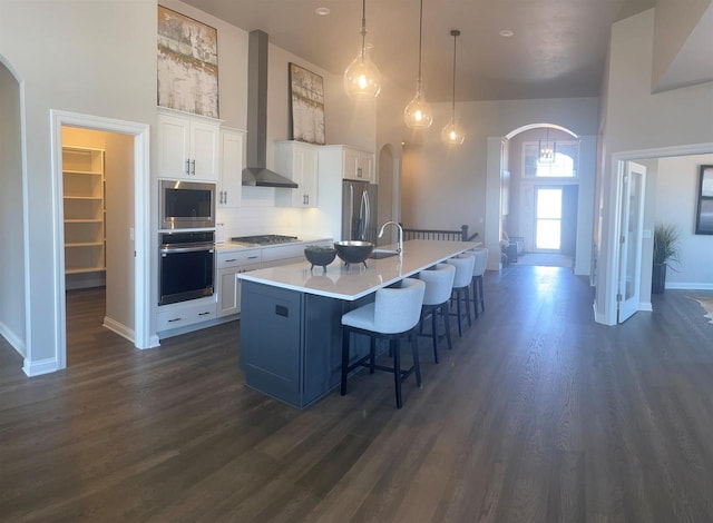 3390 Evening Star Dr, Green Bay, WI 54311 - kitchen with stainless steel appliances, arched walkways, a towering ceiling, wall chimney range hood, and dark wood-style flooring