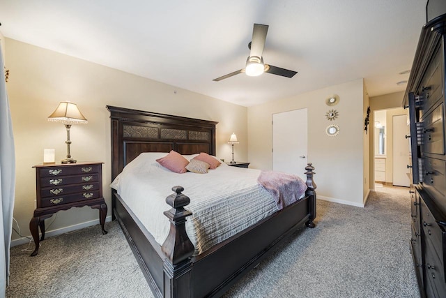 bedroom featuring a ceiling fan, carpet floors, and baseboards